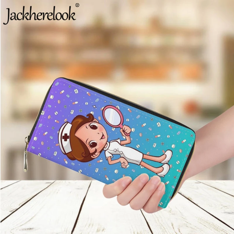 Jackherelook Ladies Nurse Wallet Fashion New Color Gradient Trend Cute Cartoon Nurse Print Purse Long Leather Bank Card Holder