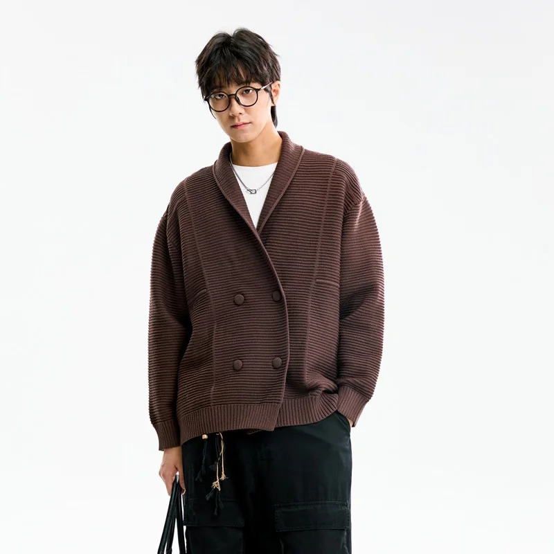 남성용 더블 브레스트 라펠 카디건 니트 스웨터 남성 빈티지 패션 루즈 캐주얼 스웨터 재킷 점퍼 코트 아우터웨어