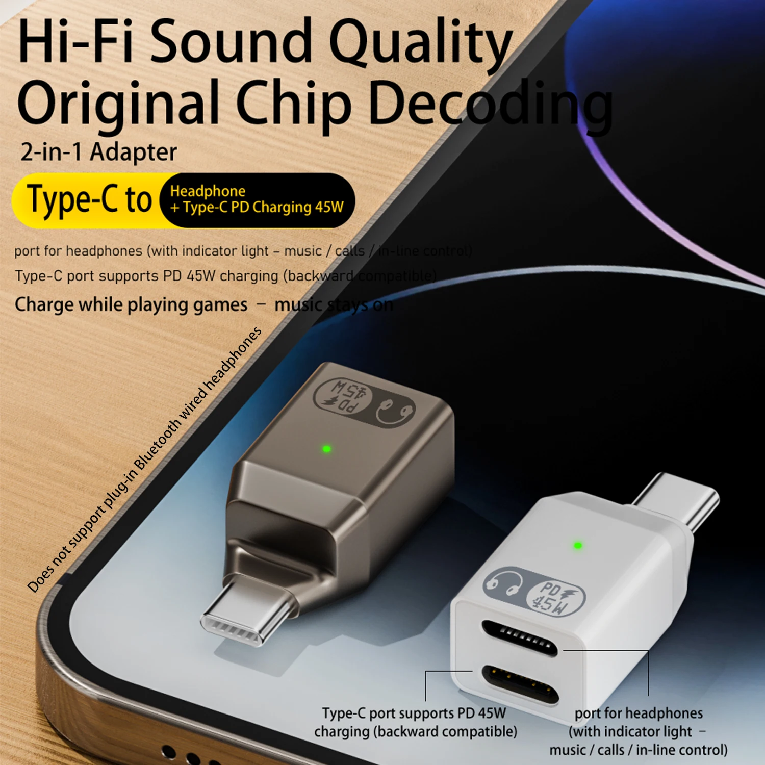 USB C 스플리터 타입 C to 8핀 PD 45W 고속 충전 2 in 1 헤드폰 어댑터 (아이폰, 아이패드 에어/프로, 맥 노트북용)