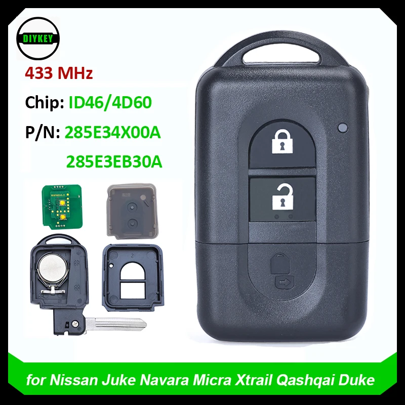 

DIYKEY 2 Buttons Keyless Remote Key 433MHz PCF7936 Chip For Nissan X-trail Qashqai Pathfinder 2007-2015 285E34X00A / 285E3EB30A