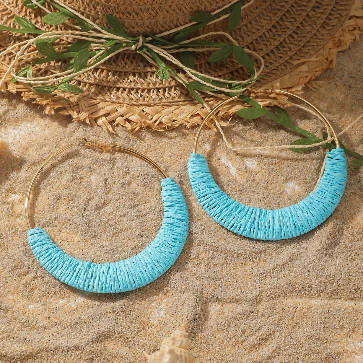 Bohemia Exaggerated Multicolor Raffia Big Hoop Earrings for Women Handmade Irregular Rattan Knit Circle Earrings Summer Jewelry