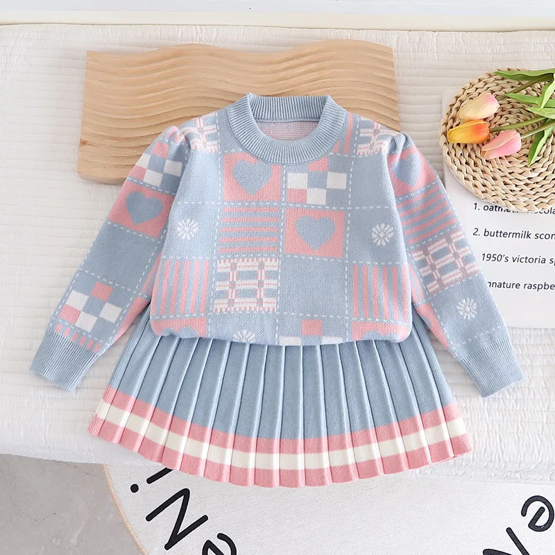 

Spring Autumn New Knitted Small And Medium Girls Baby Sweater Children's Two Piece Skirt Cute Geometric Drawing Woolen Dress