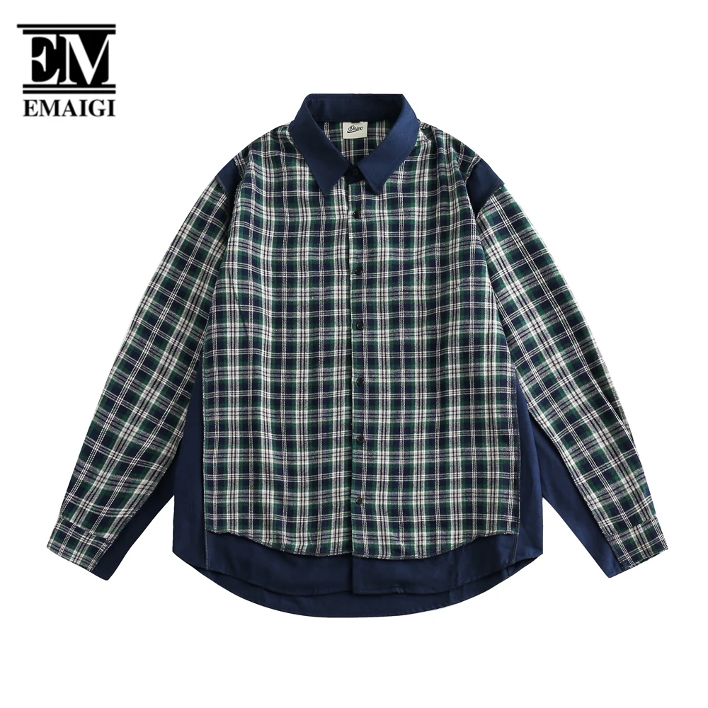 

Men Plaid Splice Loose Casual Shirts Japan Korean Streetwear Youthful Fashion Cityboy Vintage Cargo Shirts Male Blouses