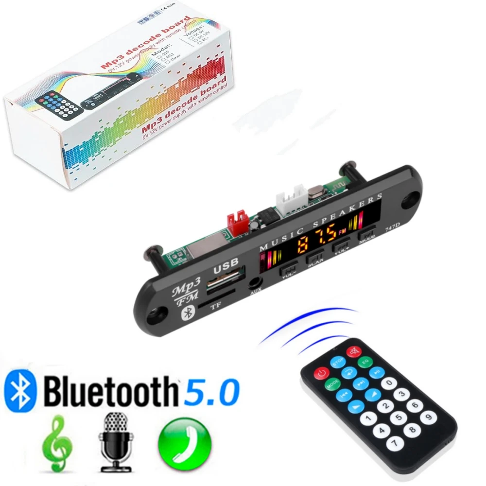 Bluetooth 5.0 MP3 WMA WAV Decoder Board DC 9V 12V Car Music Player USB Record FM Radio 3.5mm AUX for Speaker Handsfree Audio DIY