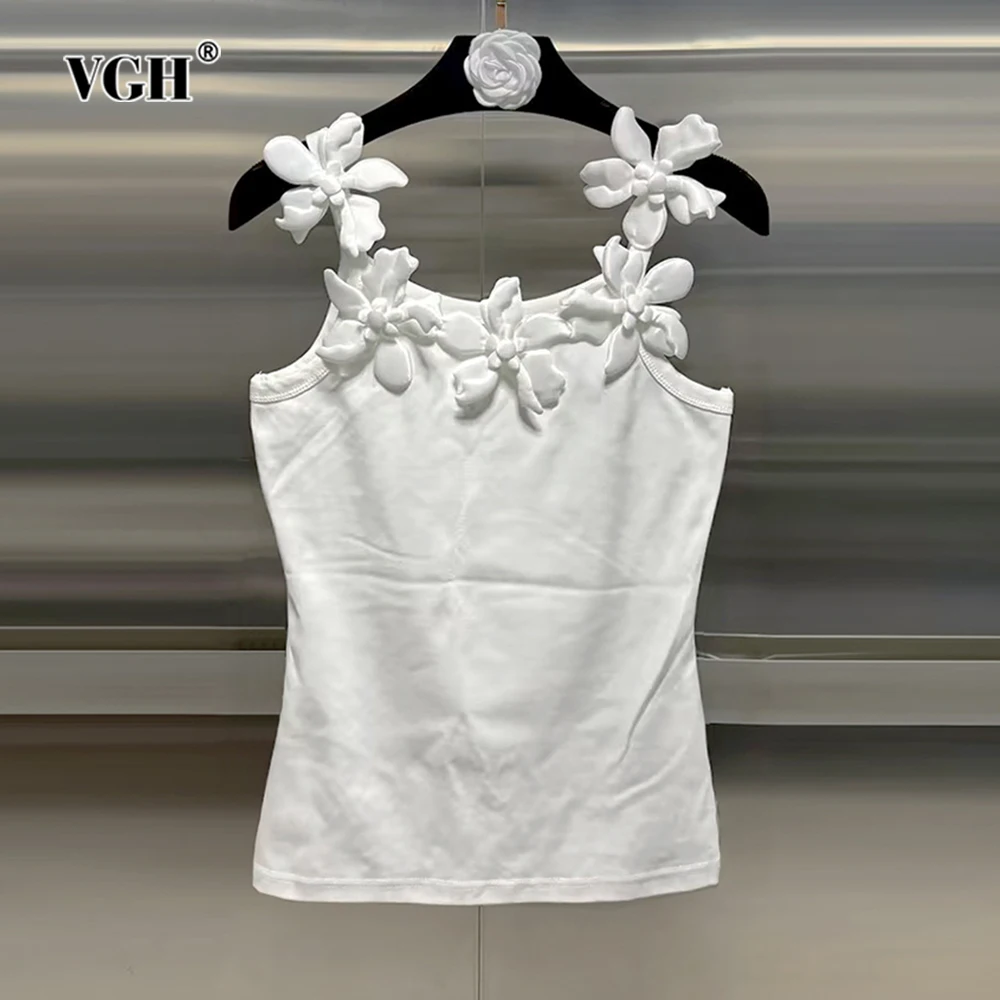 

VGH Casual Spliced Appliques Slimming Tank Tops For Women Round Neck Sleeveless Backless Minimalist Solid Vests Female Fashion