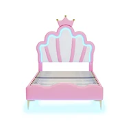 Lit pour enfants Superaly 90x200cm, lit de princesse avec tête de lit en forme de couronne, avec éclairage LED et sommier à lattes, cadre de lit simple 4