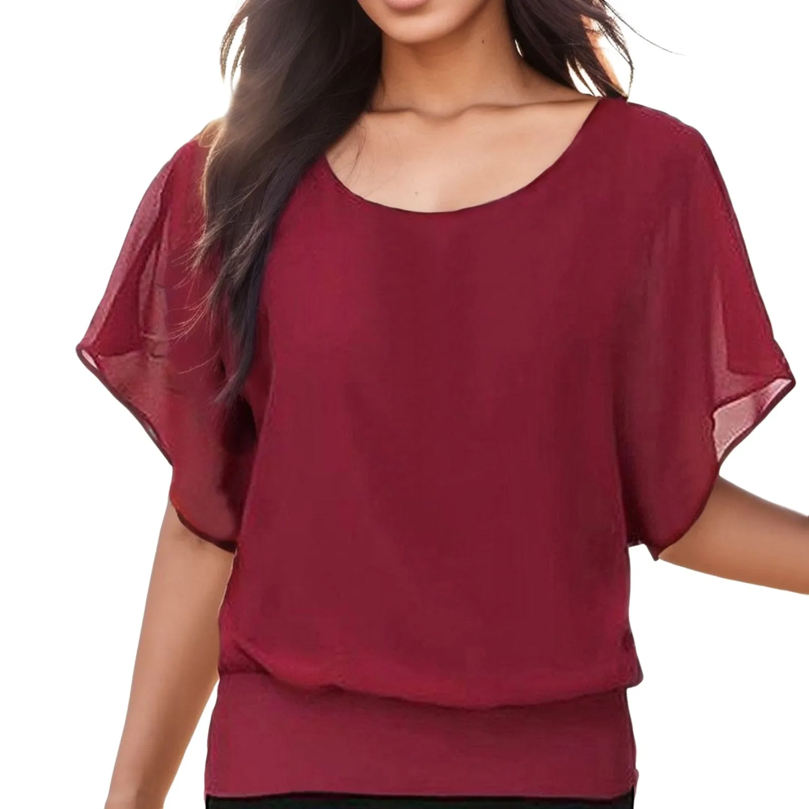 

Women Solid Color Chiffon Blouse O-Neck Batwing Sleeve Loose Fit Elegant Tops Clothes Summer Streetwear Vacation Elastic Garment