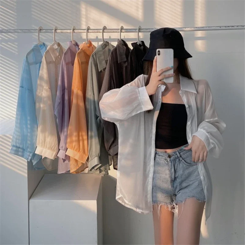 여성용 셔츠 긴팔 상의 블라우스, 여성용 쉬폰 루즈 가디건, 얇고 섹시한 단색 캐주얼 셔츠, 겉옷, 여름