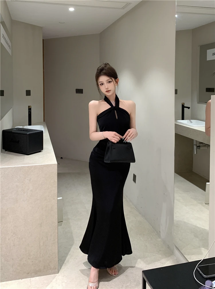 Sexy Bodycon Satin Evening Party Dress Sleeveless Halter Slim Mermaid Summer New Midi Dresses for Women Prom Vestidos Mujer