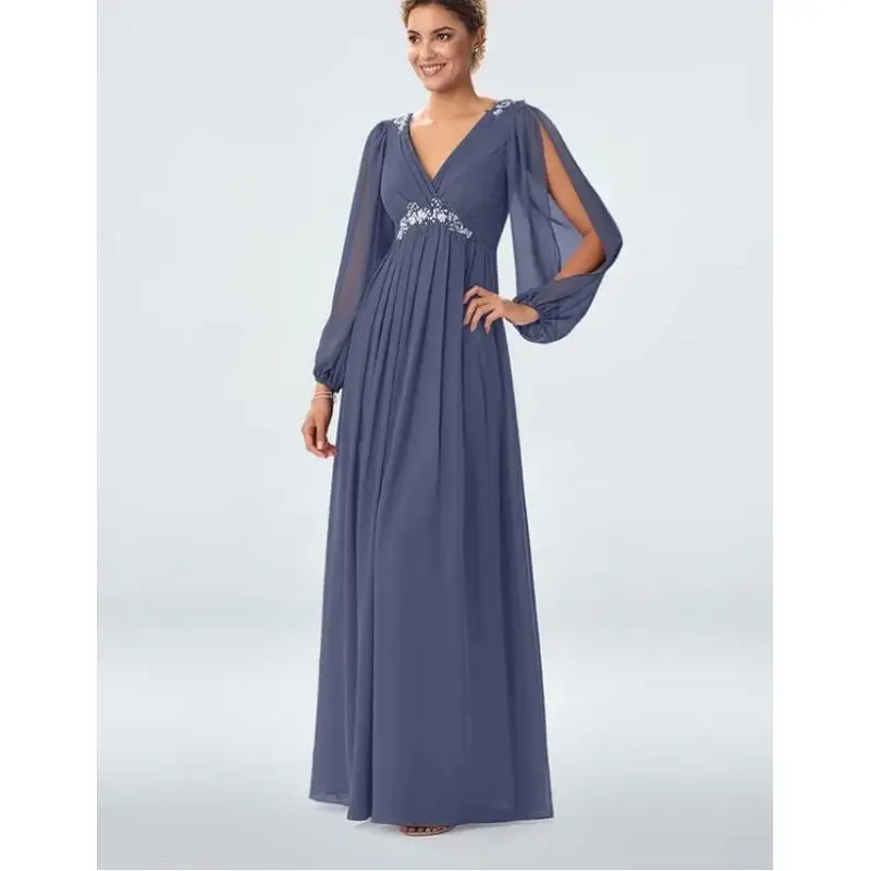 

Chiffon Beading A-Line Mother Of The Bride Dresses Long Sleeves V-Neck Wedding Party Gowns