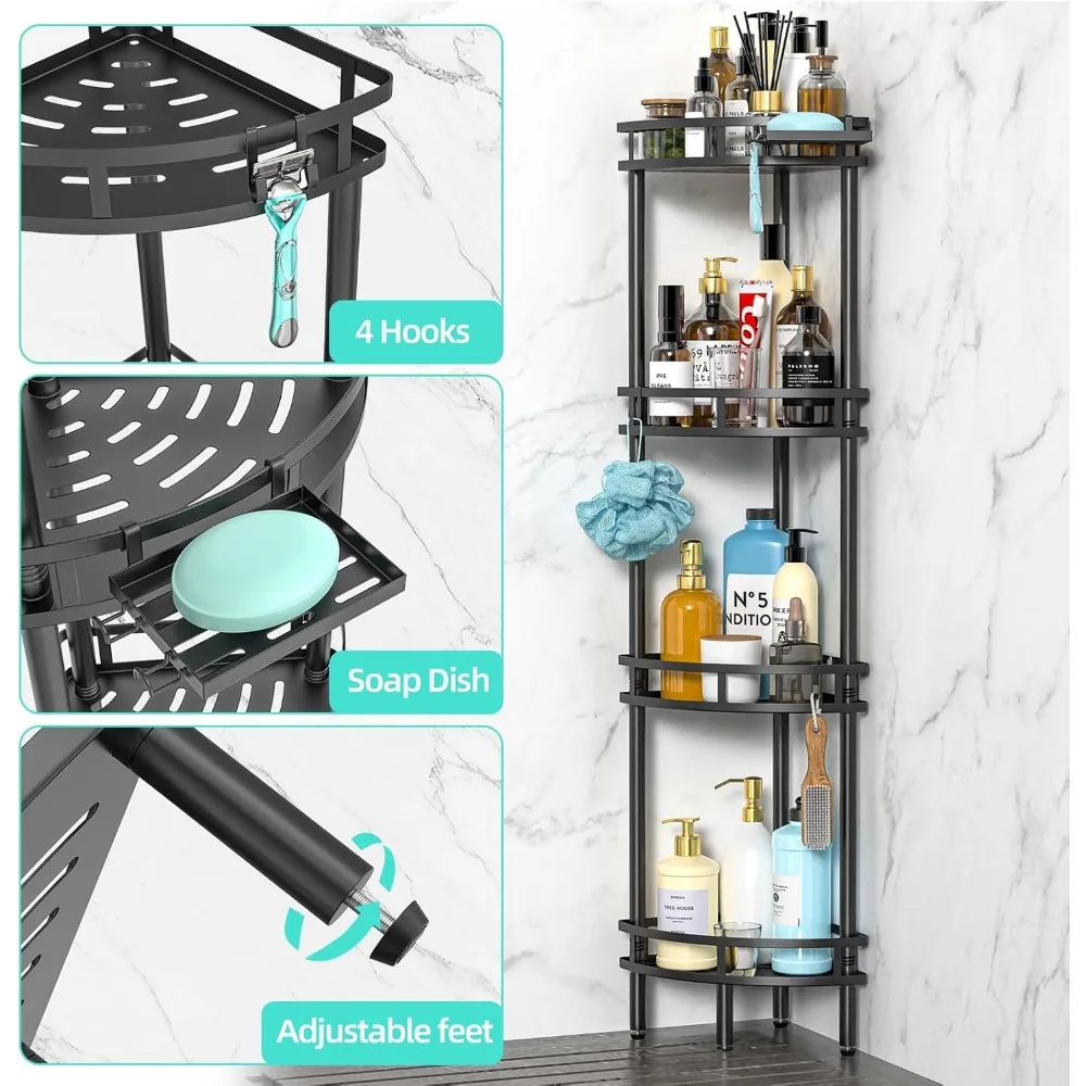 Standing Shower Caddy-4 Tier Stand with Soap Dish, 4 Hooks, Adjustable Feet for Corner-Black 3