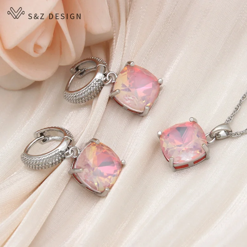 S&Z DESIGN New Fashion 585 Rose Gold Color Square Crystal Dangle Earrings Jewelry Sets For Women Wedding Pendant Necklace Gift