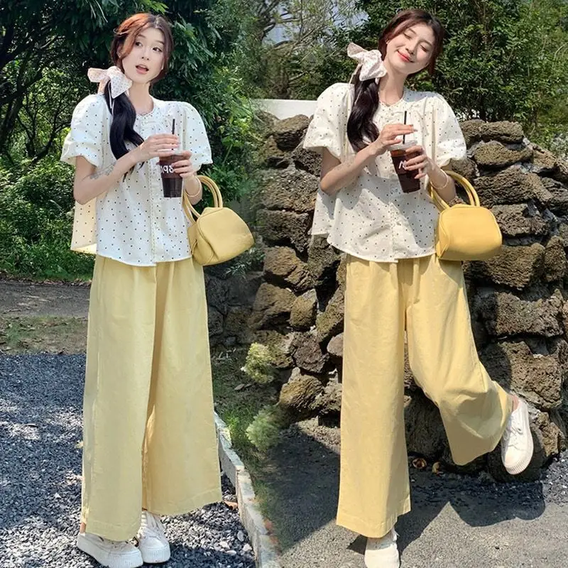 달콤한 신선한 레이스 트림 폴카 도트 탑 와이드 레그 팬츠 코튼 긴팔 한국 스타일 캐주얼 패션 여름 신상품