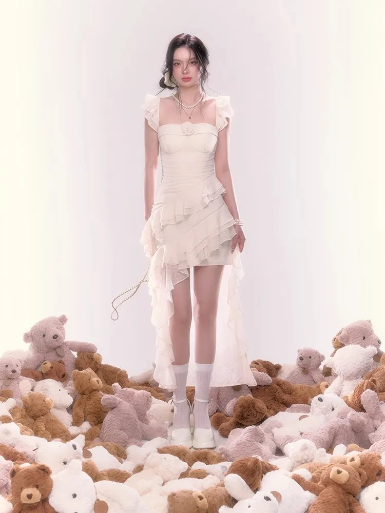 Y2K Irregular Ruffles Midi Dresses for Women Sleeveless Birthday Party Dress Prom Robe Korean Chic Summer New One Piece Vestido