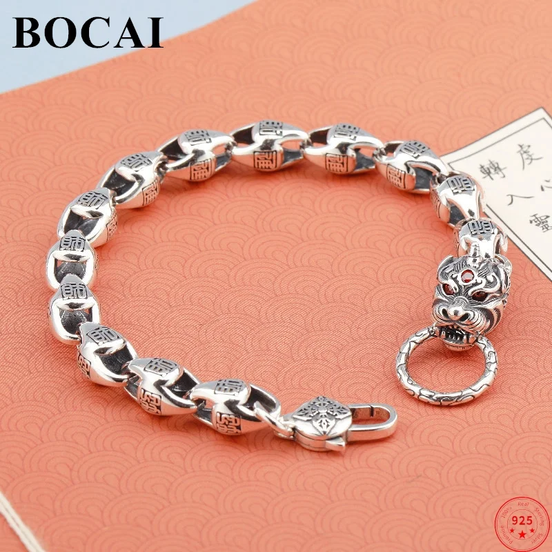 

BOCAI S925 Sterling Silver Bracelets for Men New Fashion Vajra Pestle PiXiu Letter Cai Bamboo-chain Punk Jewelry Free Shipping