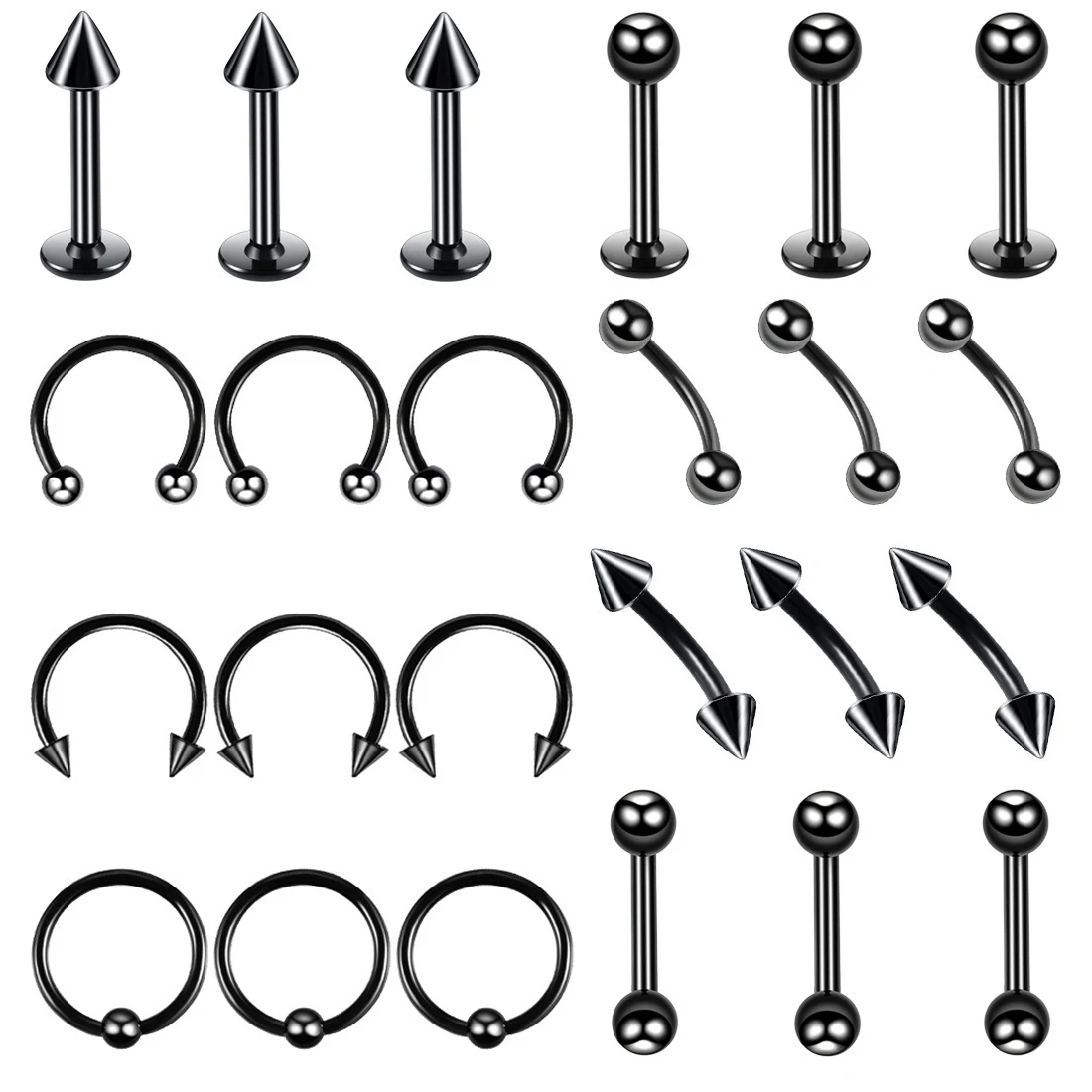 24PC Set Surgical Stainless Steel Body Piercing Jewelry Bulk Nose Ring Tongue Bar Stud Earring Eyebrow Labret Horseshoe Lot Pack