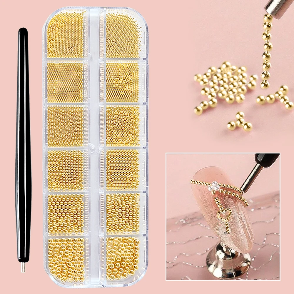 12 그리드 미니 캐비어 비즈 네일 아트 참 3D 금속 골드 실버 스틸 볼 (0.4mm-1.5mm) 네일 부품 마그네틱 펜 네일 장식