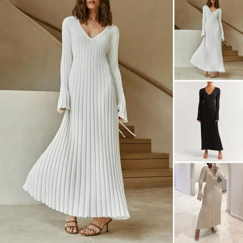 

Women Autumn Winter V-neck Flared Long Sleeve Maxi Dress Waist Tight Loose Hem Ribbed Knitting Long Dress Party Clubwear