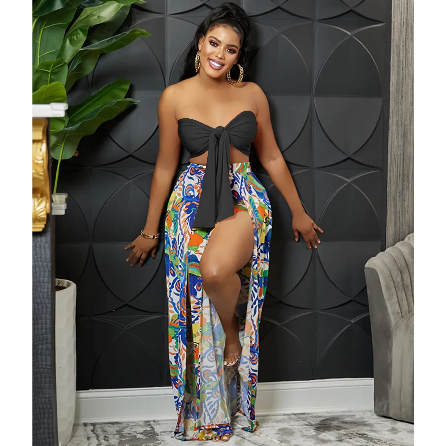 

Женский модный сексуальный ночной клуб Лето 2024, без бретелек, с открытой спиной, с принтом, раздельные брюки, комплект из двух предметов