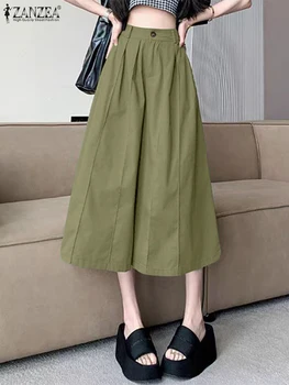 ZANZEA Pantaloni svasati da donna Casual Tasche larghe in tinta unita Bottoms 2025 Pantaloni estivi al polpaccio con cerniera pieghettata oversize 1