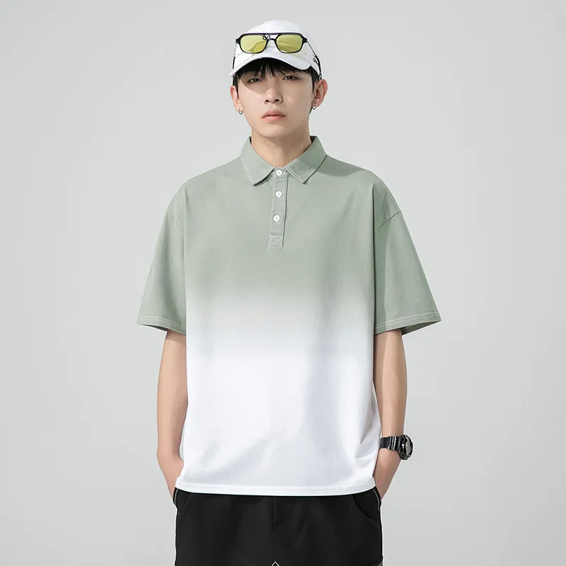 

M-3XL Mens Polo Shirts Summer Short Sleeve Turn-down Collar Gradient Loose Casual Thin Comfortable Male Tops Tees Clothe H50