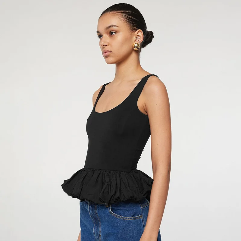 Solid Color Slim Camisole Top Bubble Vest Women's Ruched Patchwork Sexy Sleeveless Hot Girl Y2K Club Party Short Vestido