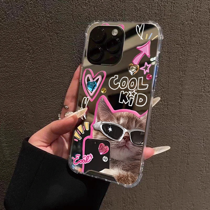 Coole Sonnenbrillen-Katzen-Spiegel-Acryl-Soft-Handyhülle für iPhone 18 17 16 15 14 13 12 11 Pro Max Air XS X XR 7 8 Plus Bumper Cover