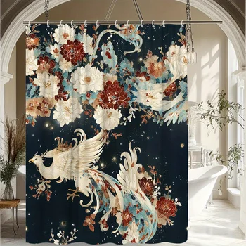 1 tenda da doccia con gru e motivo floreale, comodo arredamento per il bagno, tessuto in poliestere con 12 ganci, 70. 8x70. 8 pollici 1