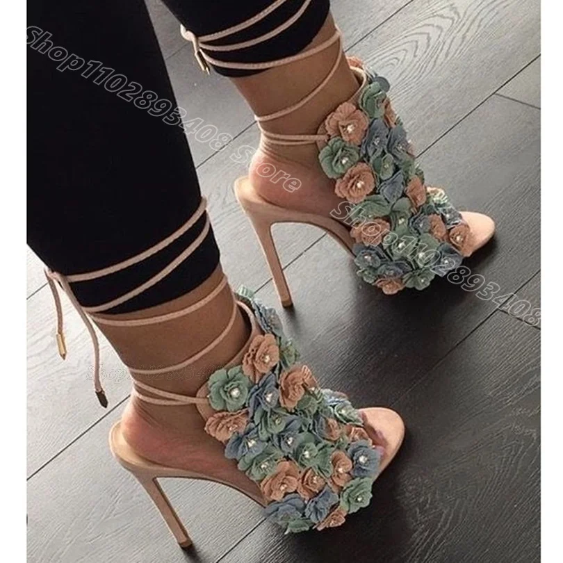 

Bicolor Crystal Flower Decor Sandals Open Toe Ankle Strap Stiletto British Style Party Stylish Women Shoes Zapatos Para Mujere