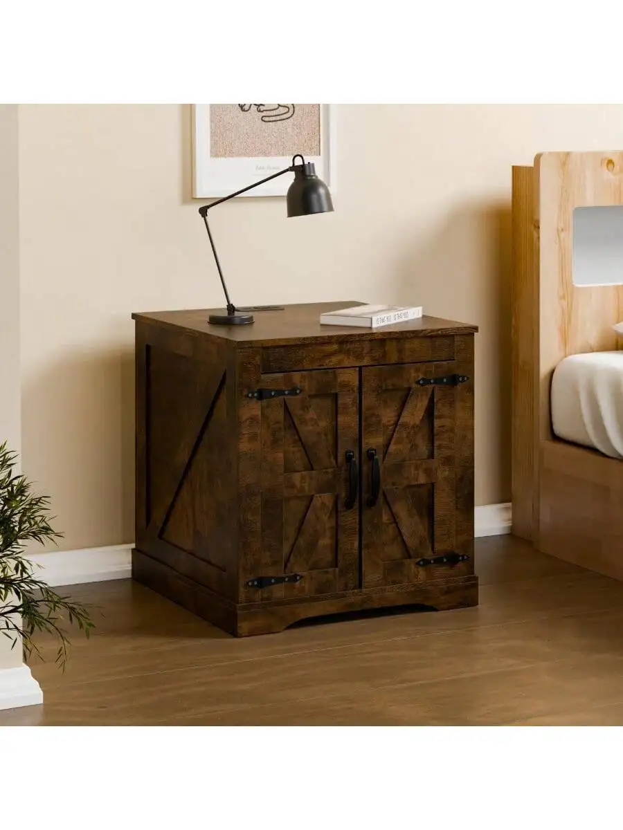 Farmhouse End Table Sofa Side Table with Charging Station 24" Large Wood Square Nightstand with Doors Modern Storage Cab 4