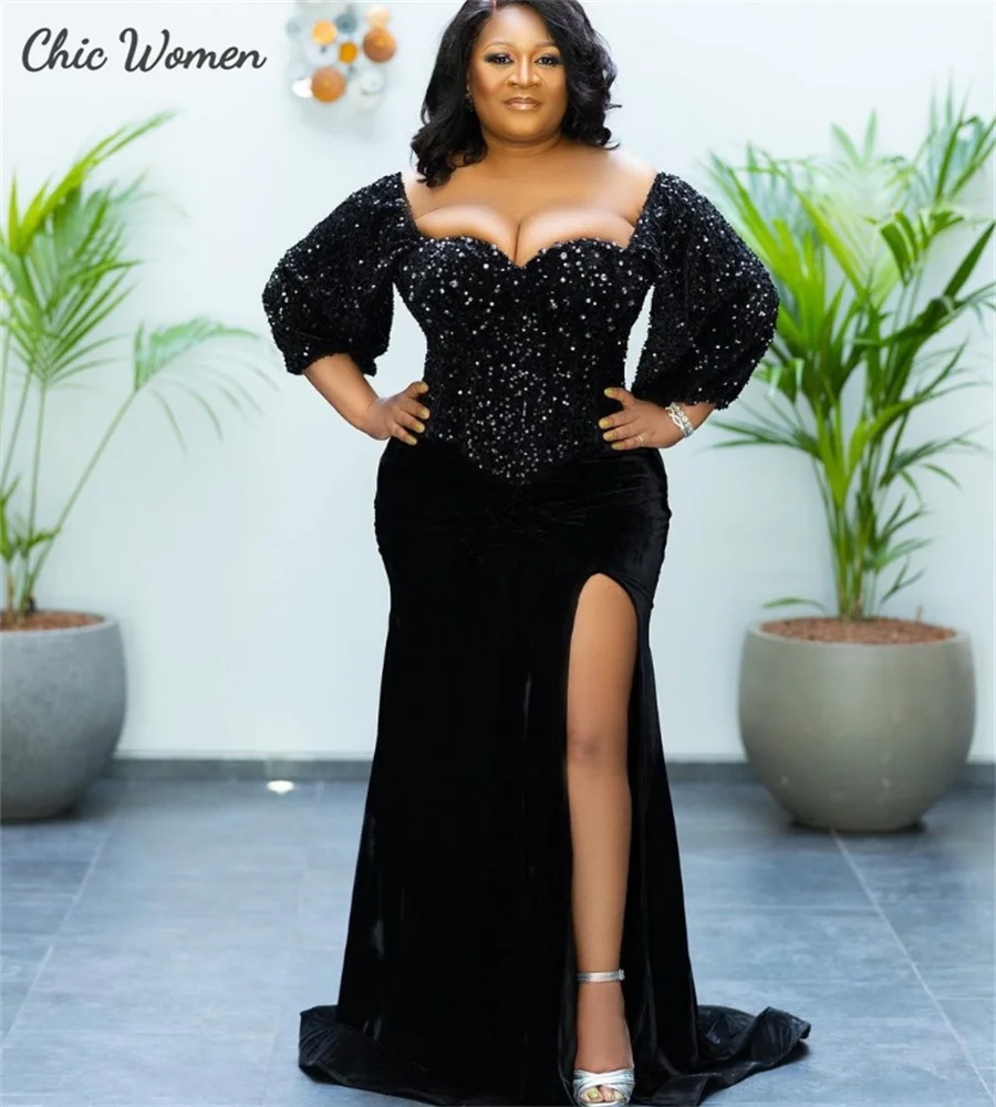 

Big Size Black African Sequin Evening Dress Glam Plus Size Mermaid Prom Dress With Slit Elegant Velvet Formal Dance Party Gowns
