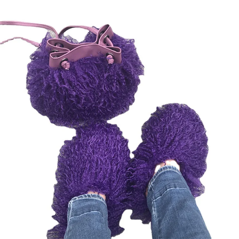 New fashion Women's Party Winter Imitation Wool Shoulder Bag Slippers Set girl's Bucket Bag WBS501