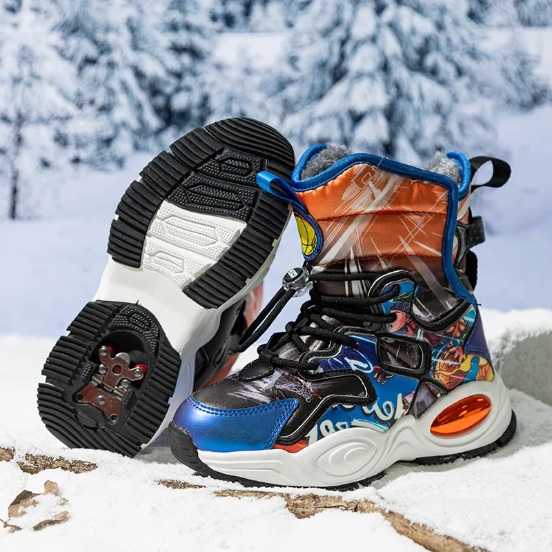 Winter Waterproof Boys Children Snow Boots Cold Resistance -20℃ Kids Hiking Shoes Non-Slip Steel Claw Size 32-39