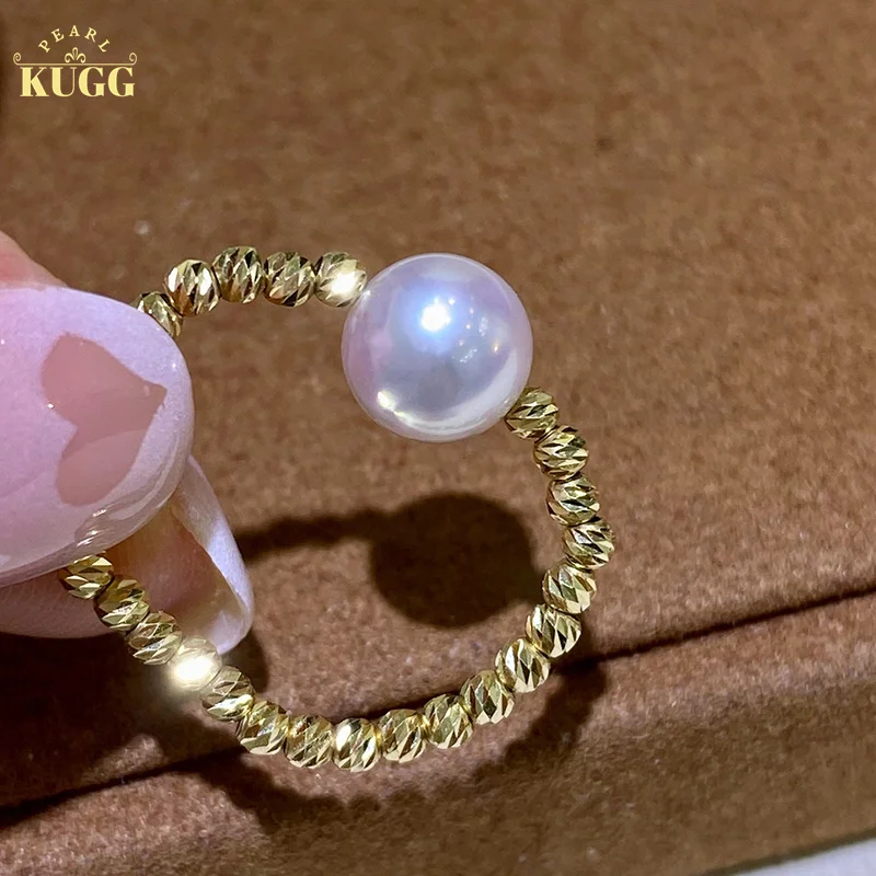 KUGG 18K Yellow Gold Rings 6-7mm Real Natural Akoya Pearl Fashion Twisited Design INS Style Exquisite Party Jewelry for Lady double layer storage box lady travel velvet jewelry box earrings necklace rings bracelet organizer display portable jewelry case