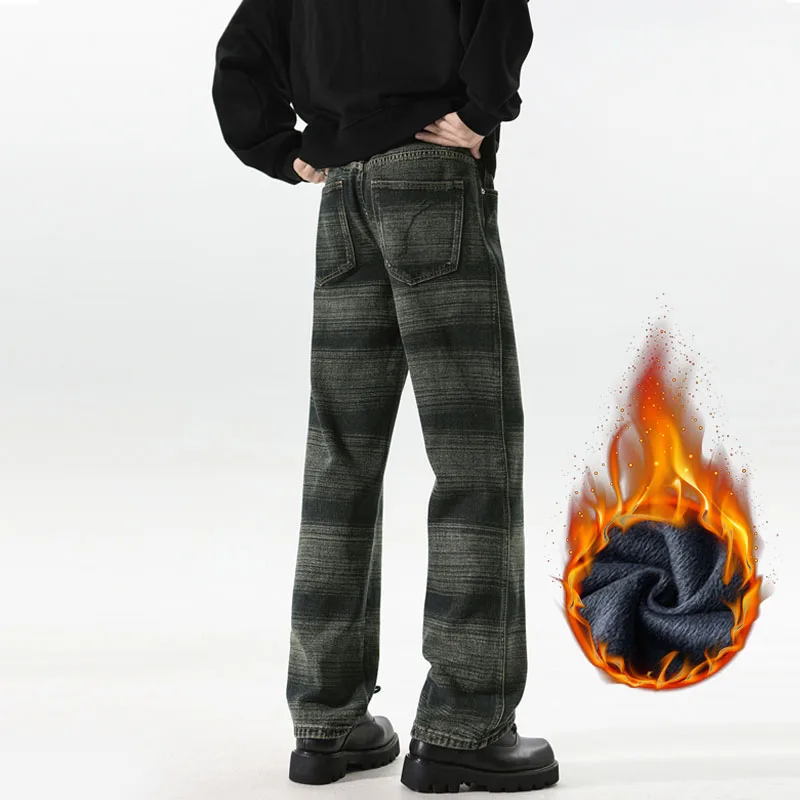 Warm Men’s Stripe Washed Fleece-Lined Denim Jeans – Loose Wide-Leg Streetwear 6