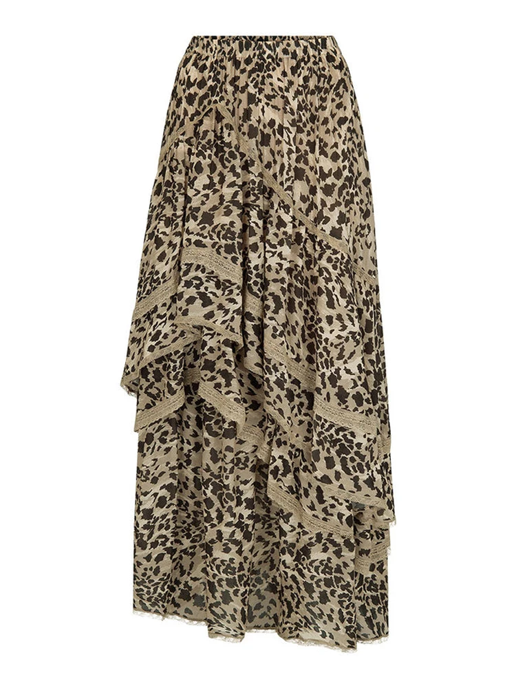 Leopard Printed Maxi Skirt Female Ruffled Patchwork Fashion