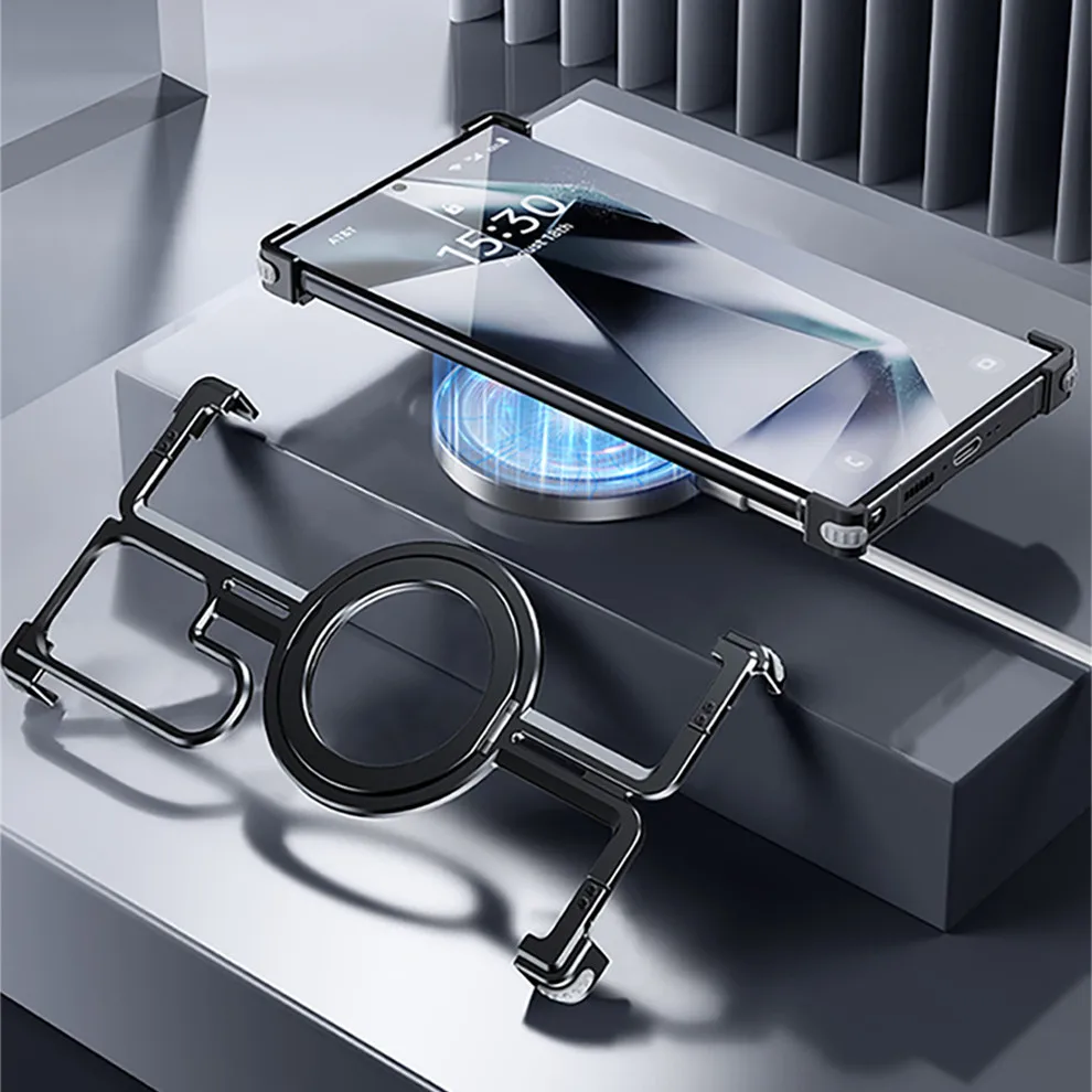Aerospace Aluminum Hollow Airbag Corner Magsafe Case For Samsung Galaxy S24 Ultra Plus Metal Ring Bracket Holder Frameless Cover