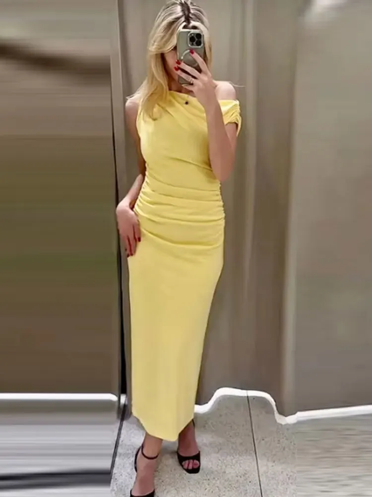 HH Women Elegant Yellow Draped Midi Dresses Summer Off Shoulder Sleeveless Dress 2025 Holiday Party Evening Dress Vestidos
