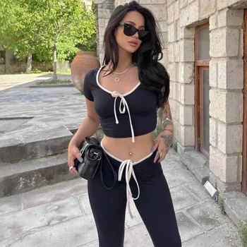 Women Summer Fashion Short-sleeved Tees+Long Pants Sets Female Crop Tops 2Pcs Sets Clothes Lace-up Sexy Slim T-shirts Pantsuit