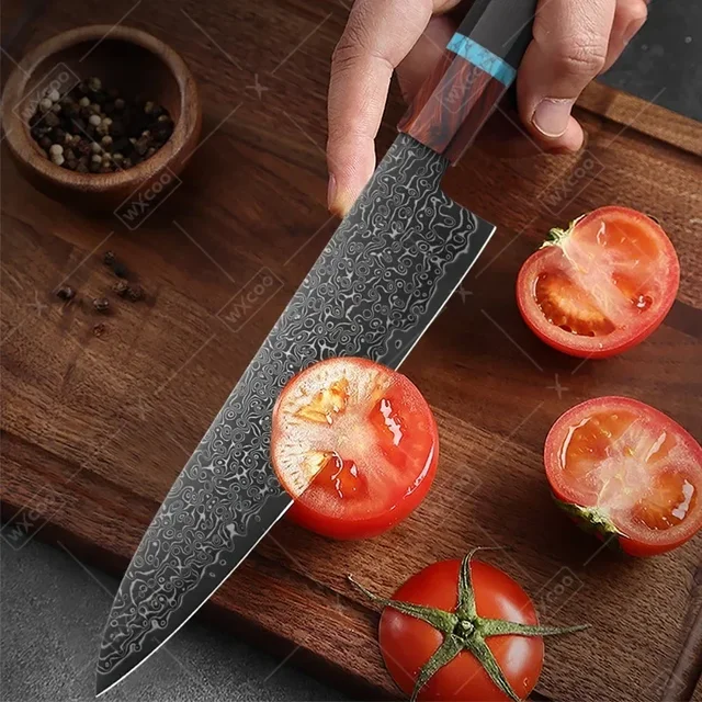 WXCOO Coltelli da cucina professionali giapponesi Set Coltello da chef Acciaio di Damasco Mannaia per carne di pesce Affettare Coltello Santoku Strumenti di cottura 4