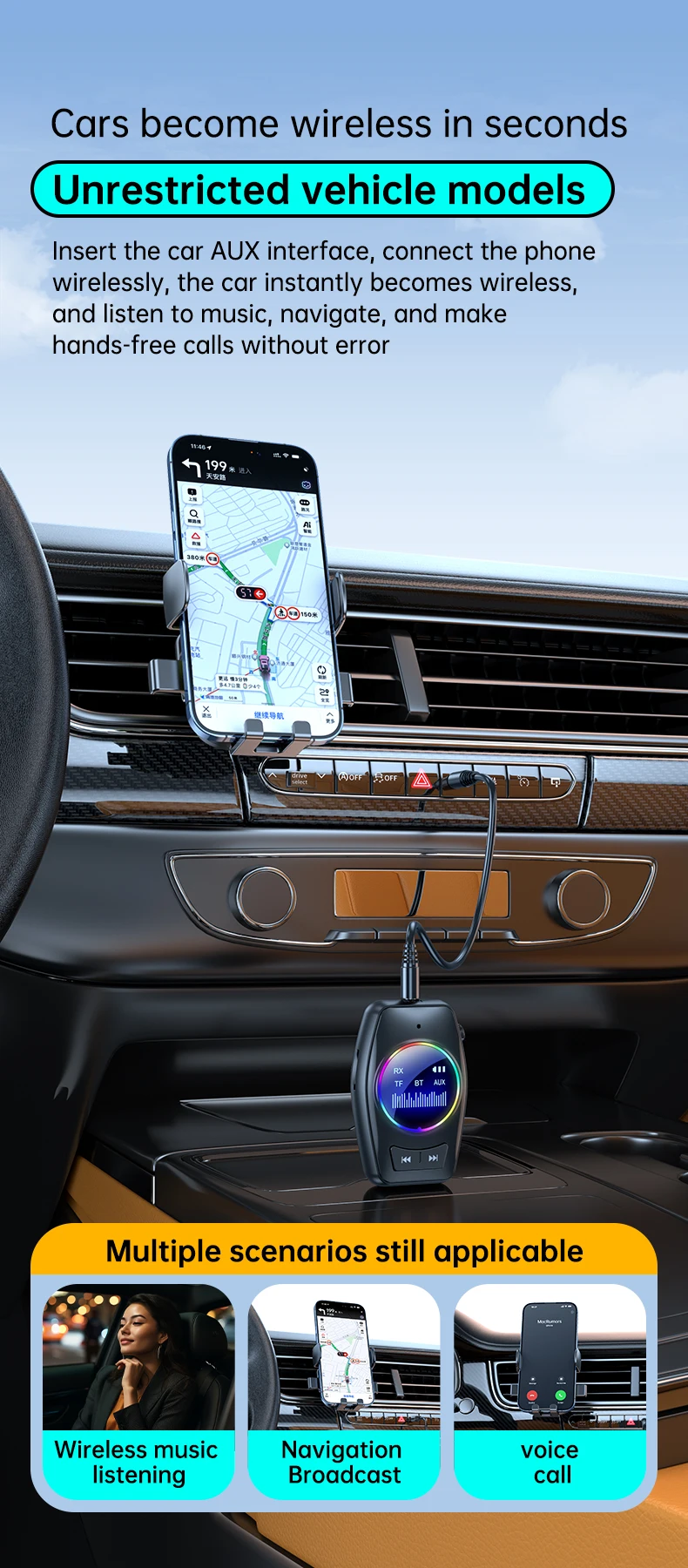 AUX Bluetooth 5.4 Audio Adapter Receiver Transmitter 4 in 1 With Display Screen