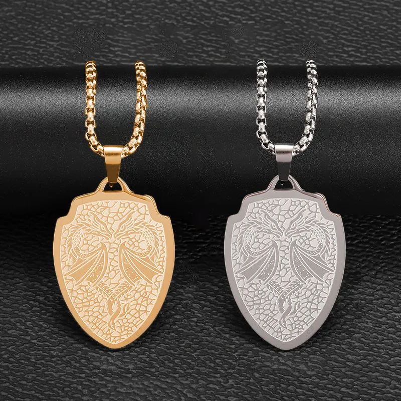 Stainless Steel Mythical Warrior Double Dragon Shield Pendant Evil Dragon Medal Necklace Men's Punk Trend Casual Jewelry