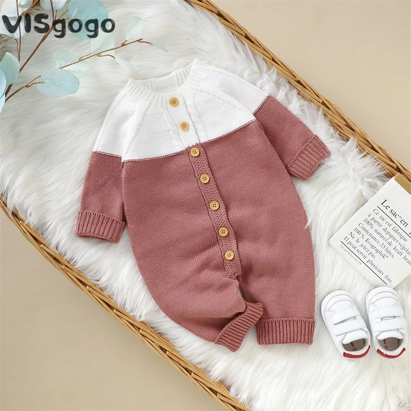 

VISgogo Baby Girl Fall Winter Clothes Button Down Jumpsuits Long Sleeve Contrast Color Knit Rompers Newborn Casual Outfit