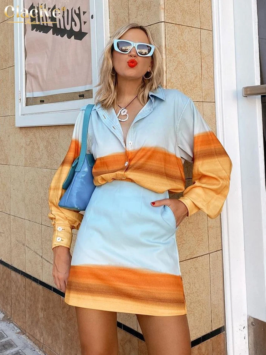 

Clacive Fashion Loose Print Women Two Piece Outfits 2023 Elegant Long Sleeve Blouses Matching High Waist Mini Skirts Set Female