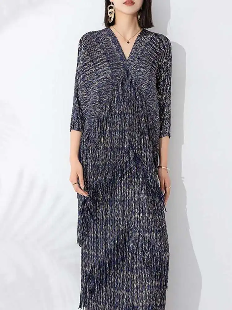 LANMREM High End Pleated Maxi Dress Women V Neck Batwing Sleeves Stitching Color Tassel Elegant Dresses Ladies Clothes 2DA1641 - Image 2