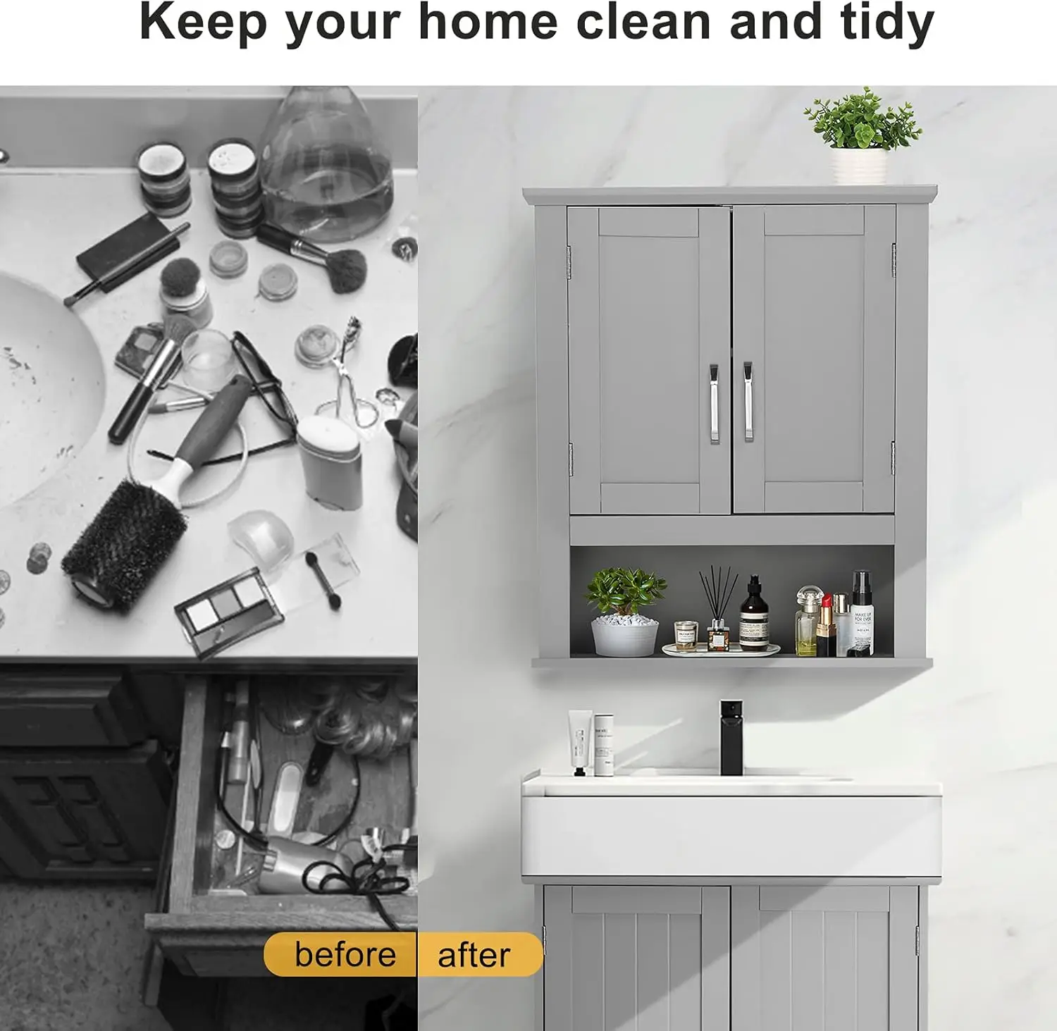 Medecine Cabinet with 2 Doors Bathrooom Wall Cabinet Grey Over The Toilet Storage Towel Cabinet 1 Adjustable Shelf Wooden