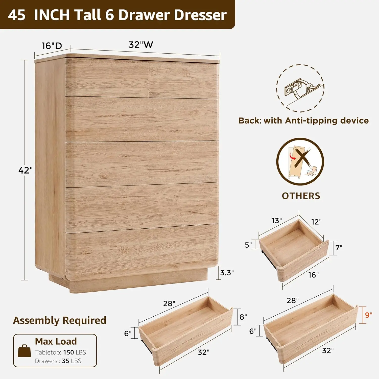 6 Drawer Dresser for Bedroom, 42 Inch Tall Modern Chest of Drawers, Push-to-Open Wood Storgae Organizer with Large Drawers