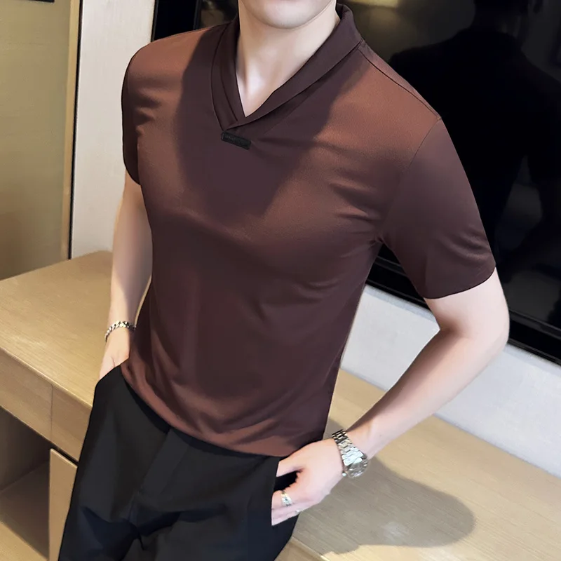 

Plus Size 4XL-M Summer Sexy V Neck Short Sleeve T Shirts For Men Clothing 2023 High Elastic Slim Fit Ice Silk Casual Office Tees