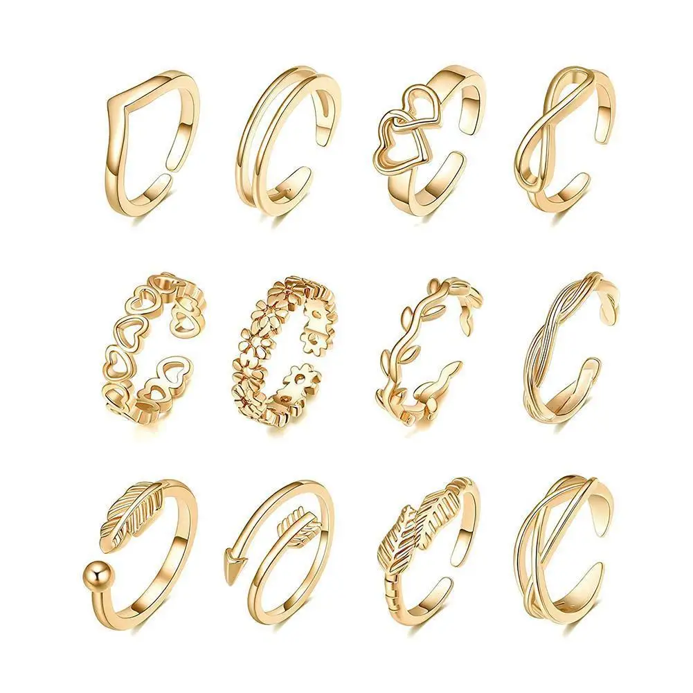 

12pcs Adjustable Toe Rings For Women Girls Simple Beach Open Toe Set Cute Heart Feather Summer Toe Foot Jewelry
