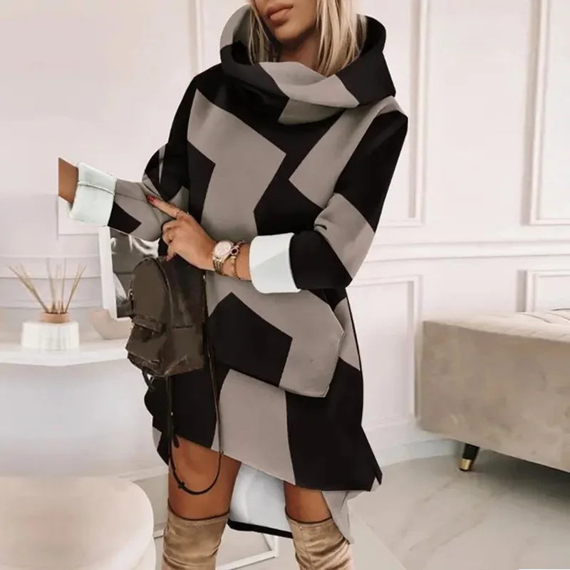 

New Fall Loose Hooded Pullover Dress Elegant Pattern Print Pocket Long Sleeve Hem Mini Dress Women Casual Solid Sweatshirt Dress